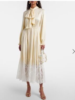 Self Portrait Lace-Trimmed Satin Midi Dress in Pale Yellow